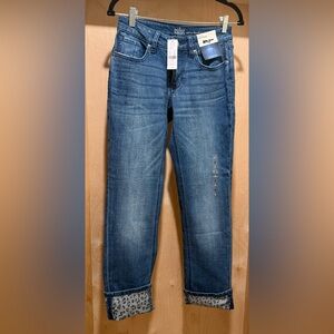 New York & Company Curvy Boyfriend Jeans in Denim Blue With Leopard Cuffs Size 2